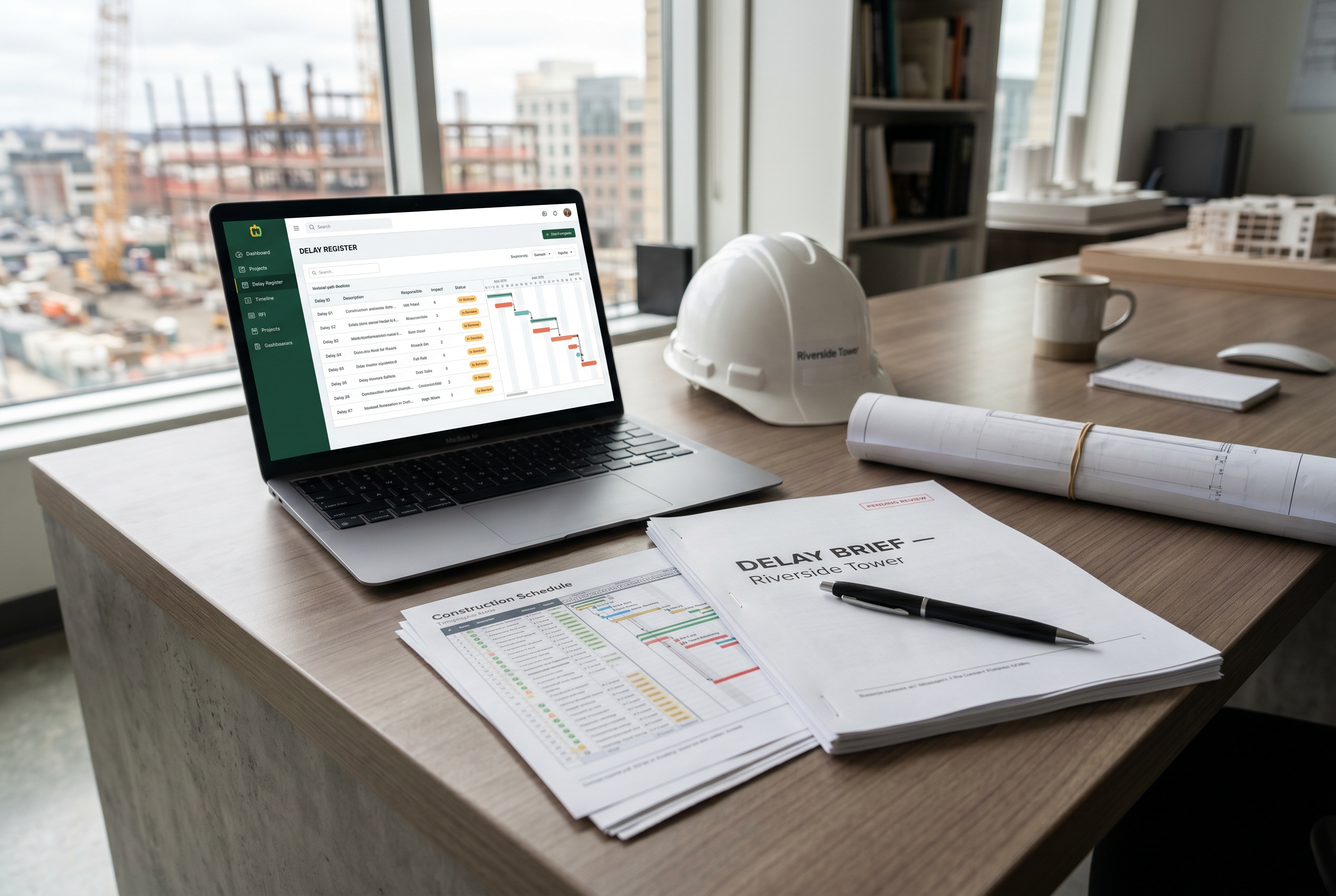 DelayBrief Delay Register dashboard on a laptop beside a printed delay report and construction schedule